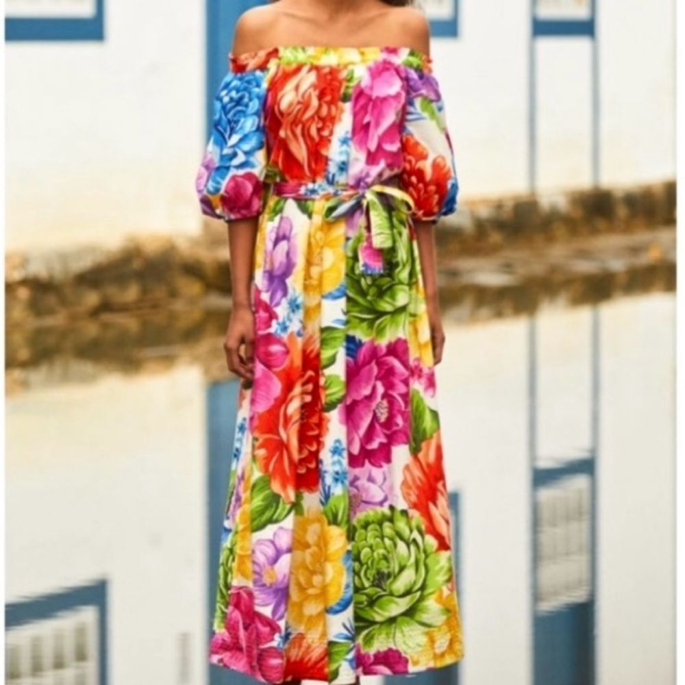 NEW FARM Rio Rainbow Chita Off Shoulder Maxi Dress Puff Sleeve Pink Floral L/XL - Picture 2 of 16